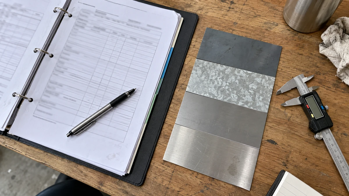 A desk with an order file open beside a steel sample card and a caliper, shot from above in daylight.