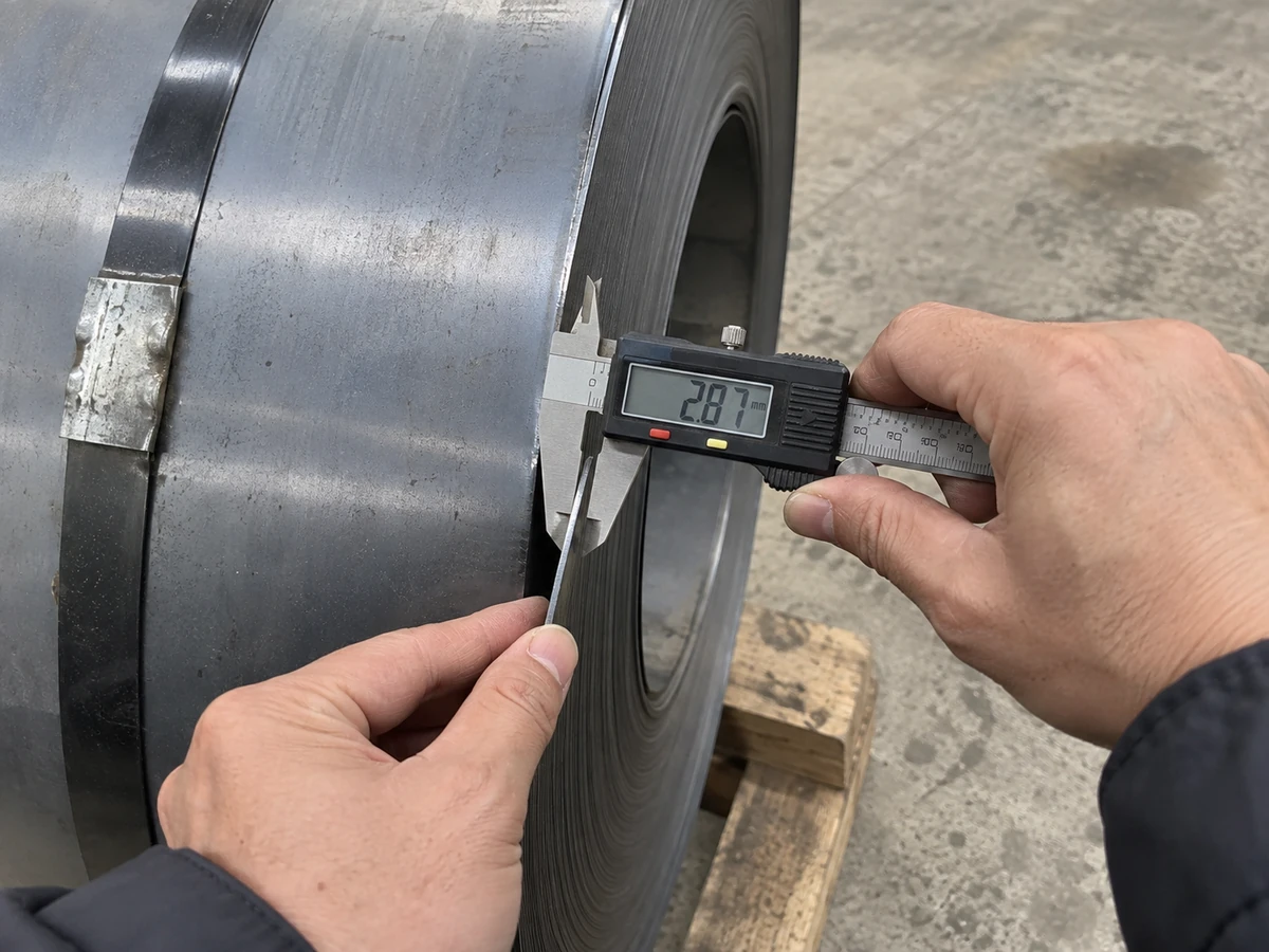 A digital caliper measuring the edge of a steel sheet during a check before shipment.