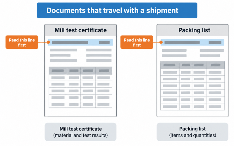 A labelled layout of the document set that travels with a shipment: which block is the mill test certificate, which is the packing list, and which line on each is read first.