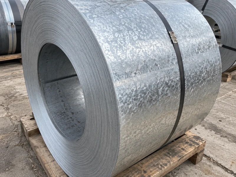 Close-up of a hot-dip galvanized coil face, the zinc surface bright and evenly spangled.