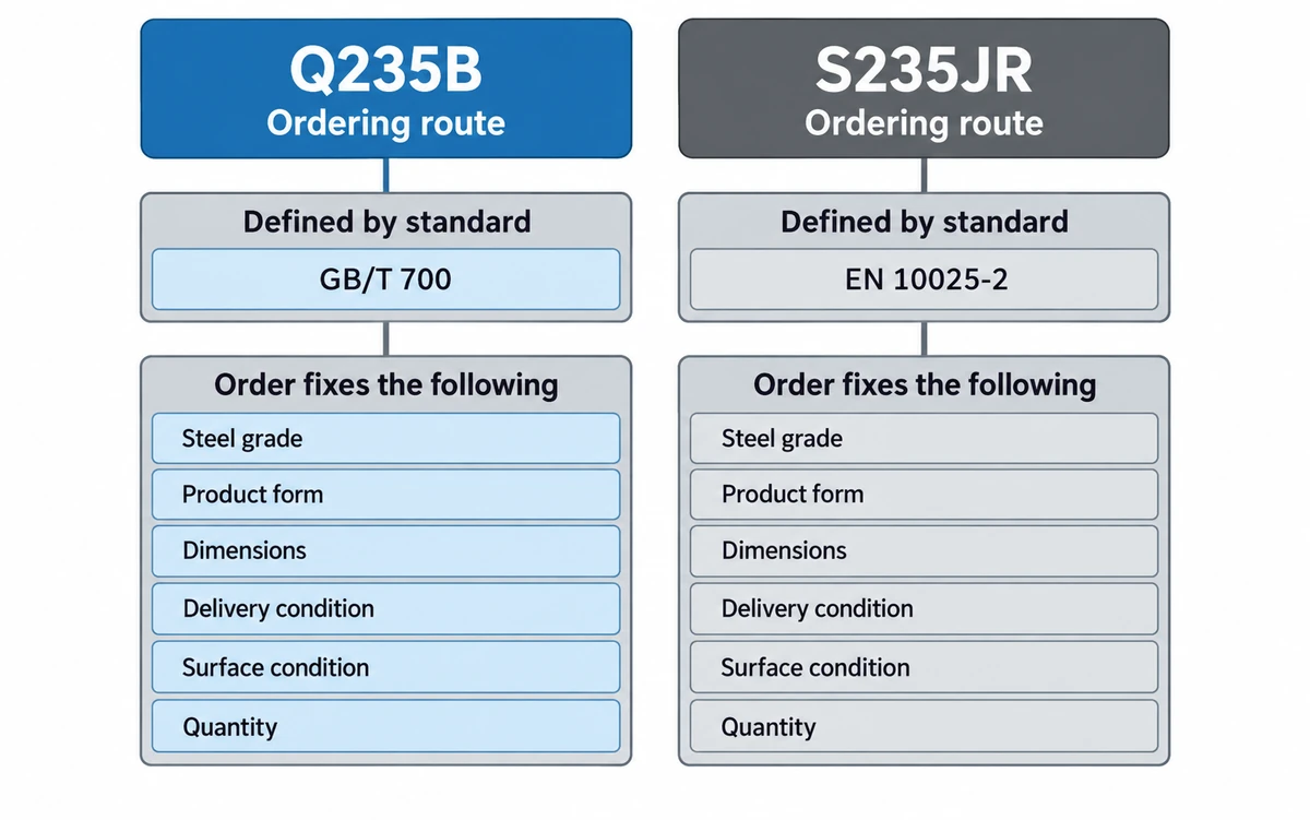 Q235B and S235JR as two ordering routes, each with the standard that defines it and the fields an order fixes under it.