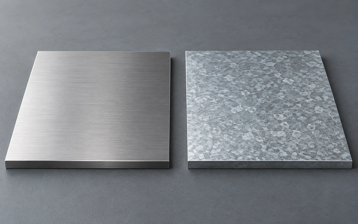 Illustrative stainless steel and galvanized steel sample panels shown side by side.