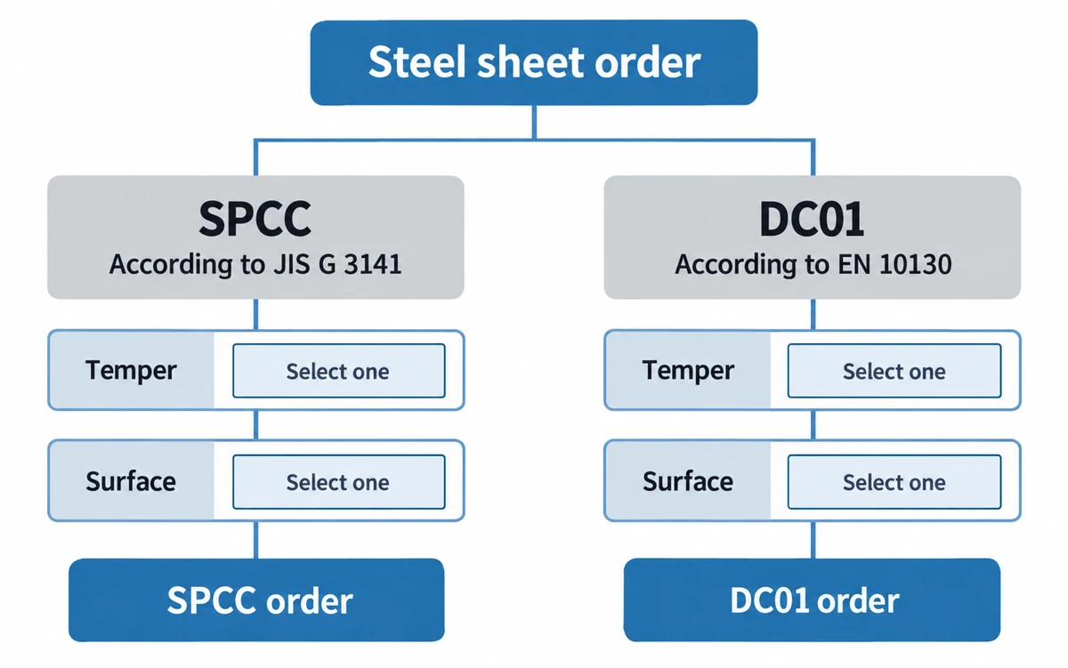 SPCC and DC01 as two ordering routes under their own standards, with the temper and surface fields an order has to fix.