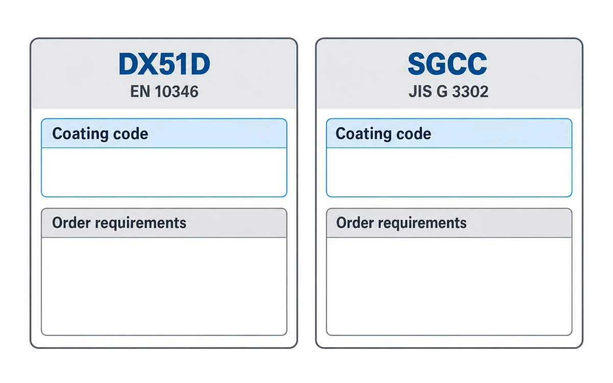 DX51D and SGCC as two ordering routes, each under its own standard, with the coating code and the fields an order fixes on that route.