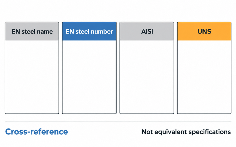 EN steel name, EN steel number, AISI and UNS reference cards with a note that cross-references are not equivalent specifications.