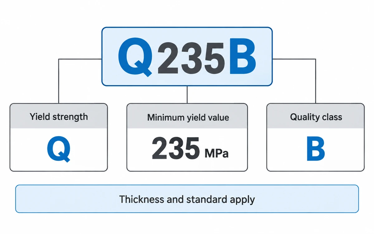 The Q235B designation taken apart: the yield strength letter, the minimum yield value in megapascals, and the quality letter that decides what is tested.