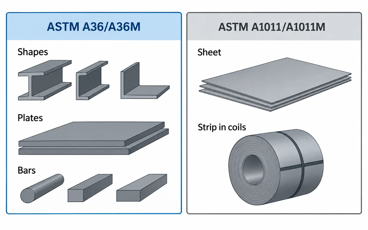 What A36/A36M covers set beside what it does not: shapes, plates and bars on one side, sheet and strip in coils under A1011/A1011M on the other.