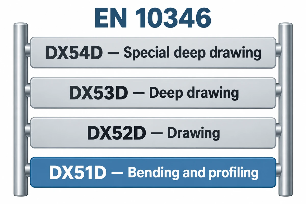 The EN 10346 cold-forming ladder as rungs, DX51D on the first rung as bending and profiling quality.