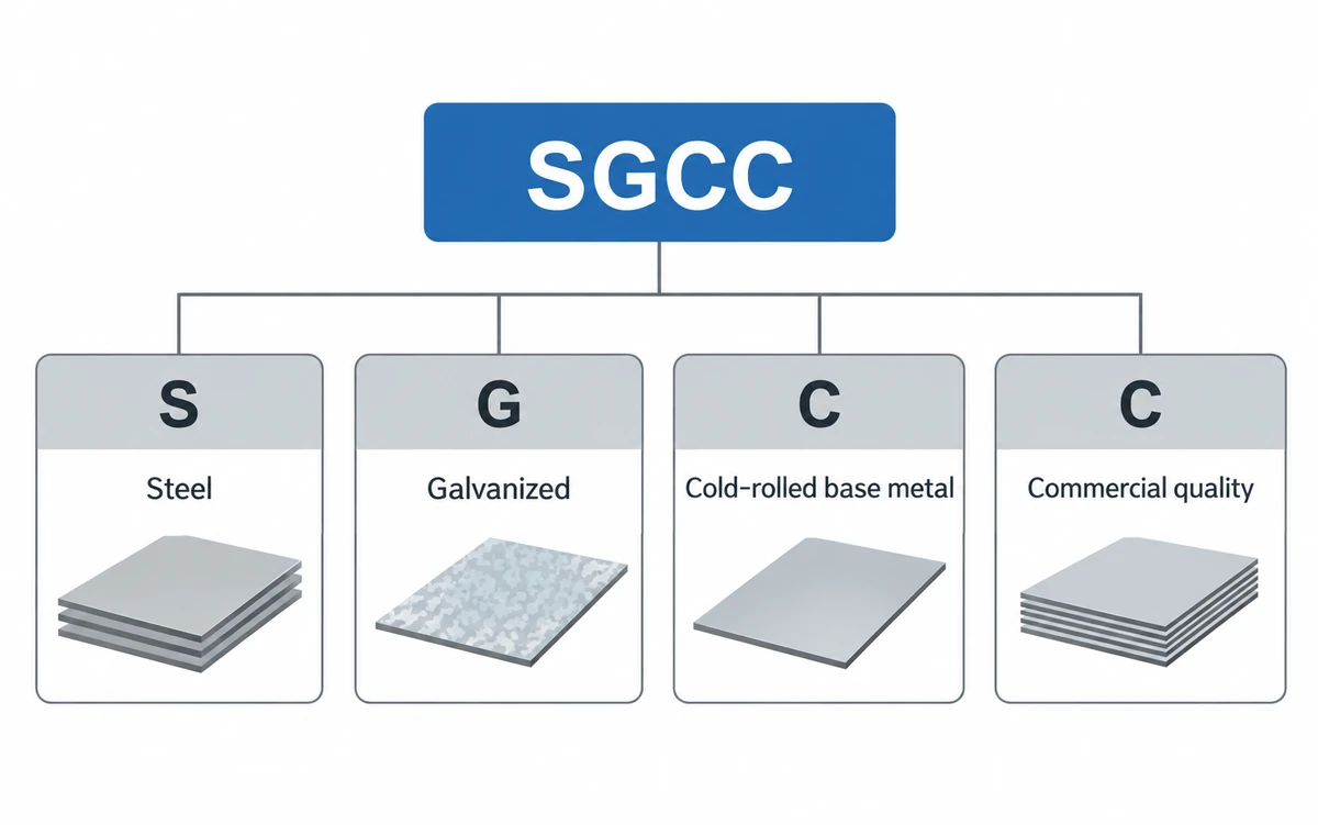The SGCC symbol taken apart letter by letter: steel, galvanized, cold-rolled base metal, commercial quality.