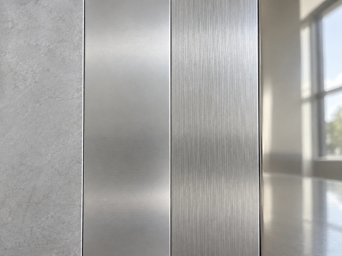 Four stainless steel samples showing dull No.1, satin 2B, brushed and reflective BA surfaces side by side.