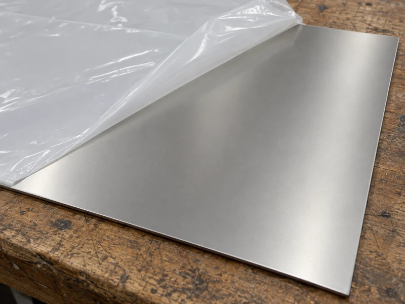 A 2B sheet with the protective film peeled halfway back, the matte surface visible under it.