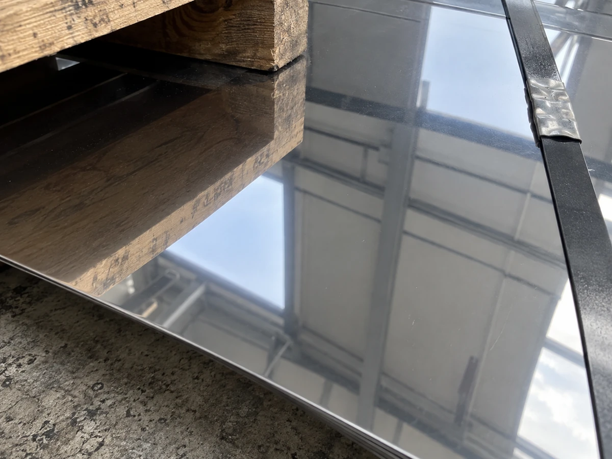 A BA stainless steel surface reflecting a clear image, mirror-bright.