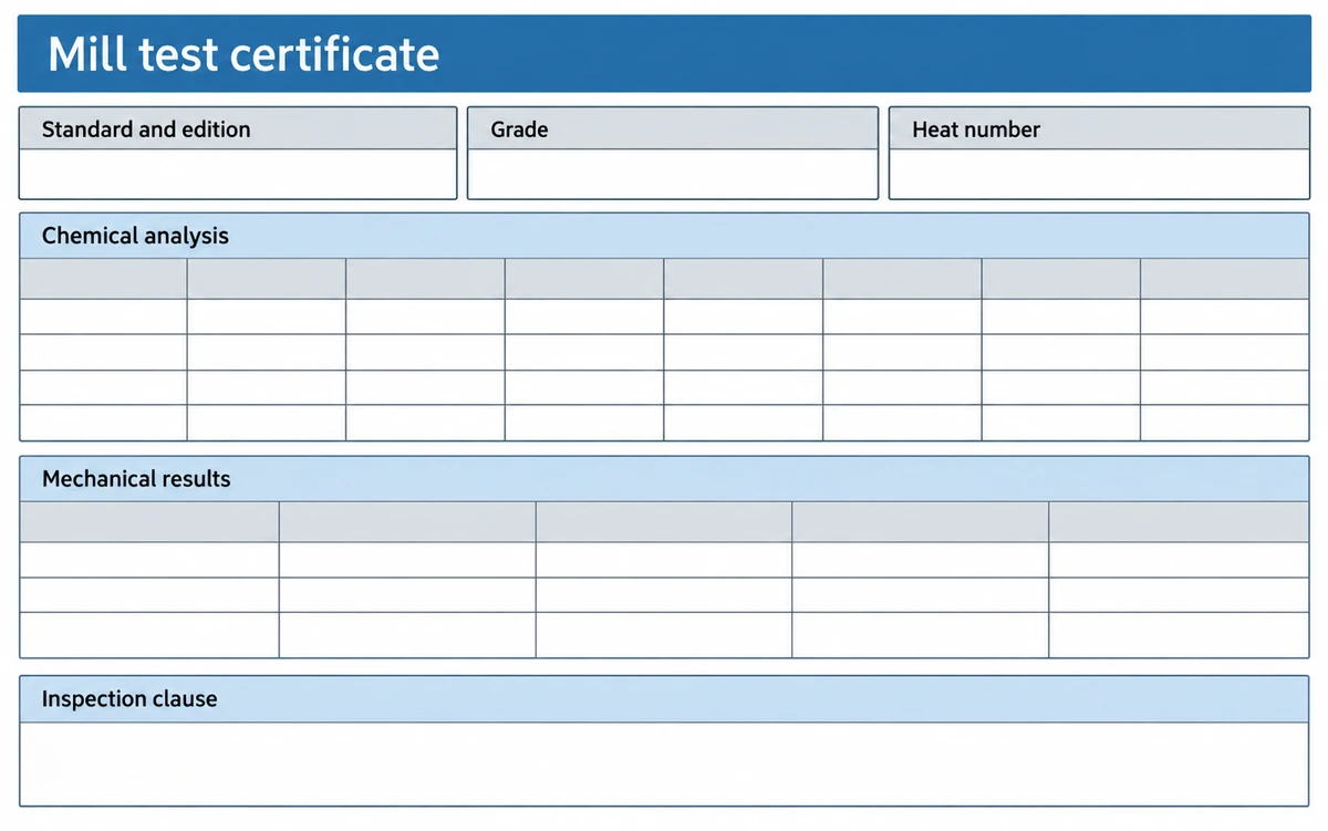A mill test certificate as labelled blocks: standard and edition, grade, heat number, chemical analysis, mechanical results and the inspection clause.