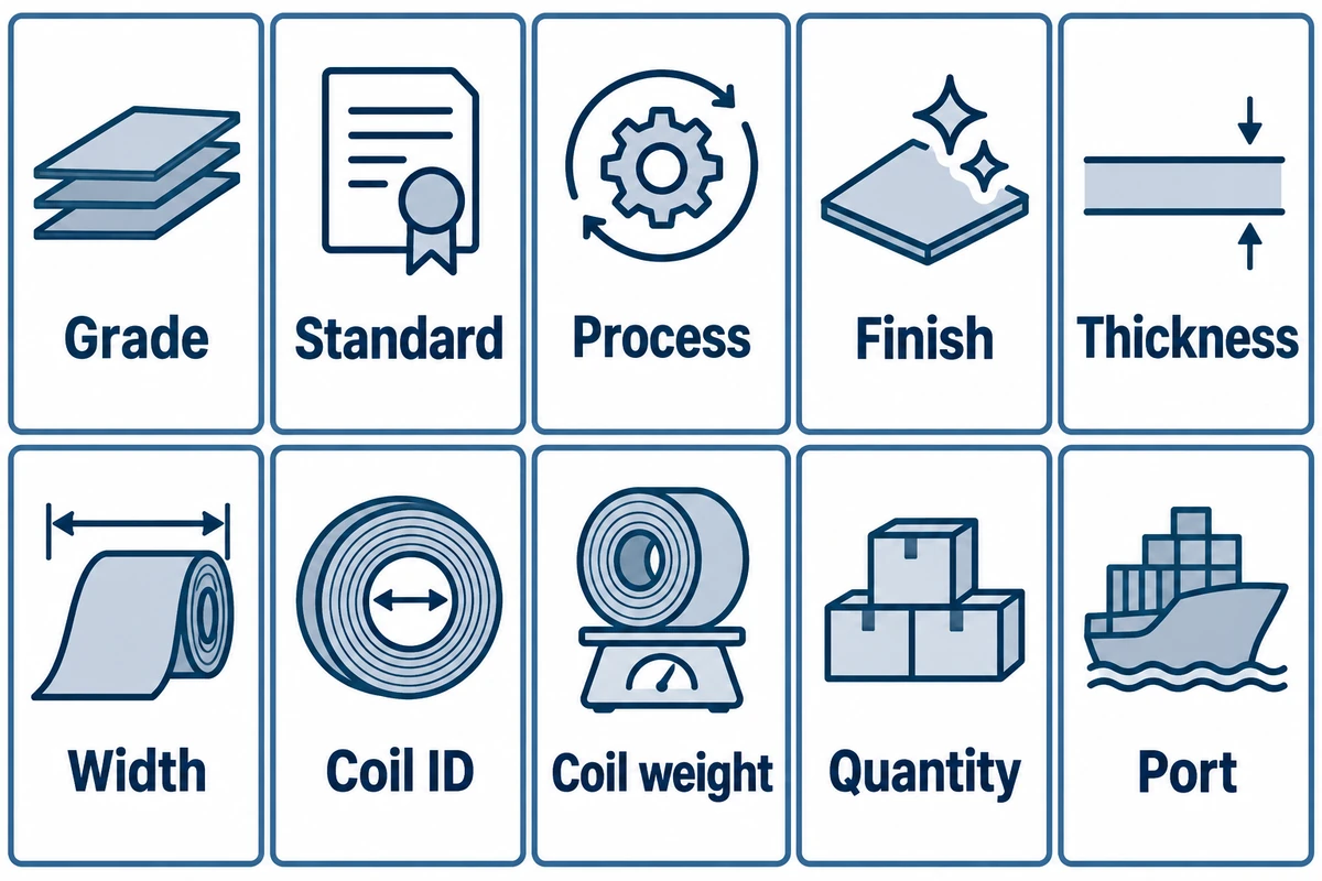 Ten steel coil order fields: grade, standard, process, finish, thickness, width, coil ID, coil weight, quantity and port.
