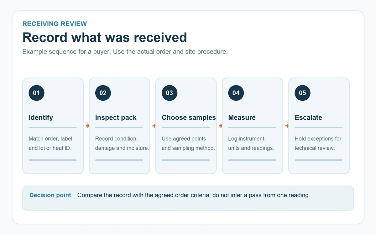 Five-step receiving review: match order and lot, inspect packaging, choose agreed sample points, record measurements and escalate exceptions.