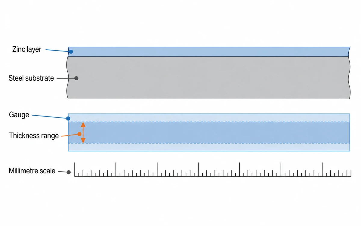 A gauge number as a band of thickness rather than one value, with the millimetre scale under it and the zinc layer on top.