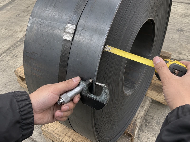 Micrometer and tape measure positioned at a carbon steel coil edge for thickness and width checks.
