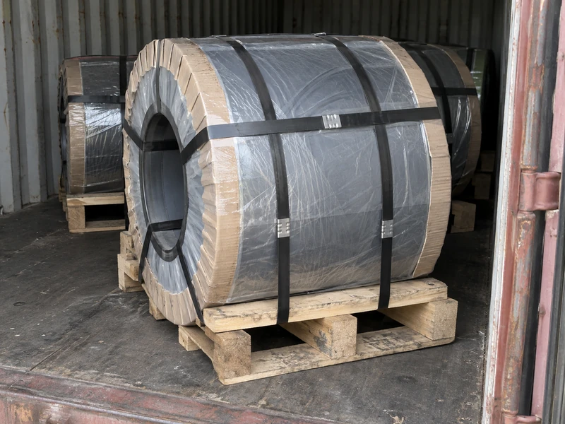 Carbon coils on wooden pallets with edge protectors and moisture-proof wrapping, strapped inside a container.