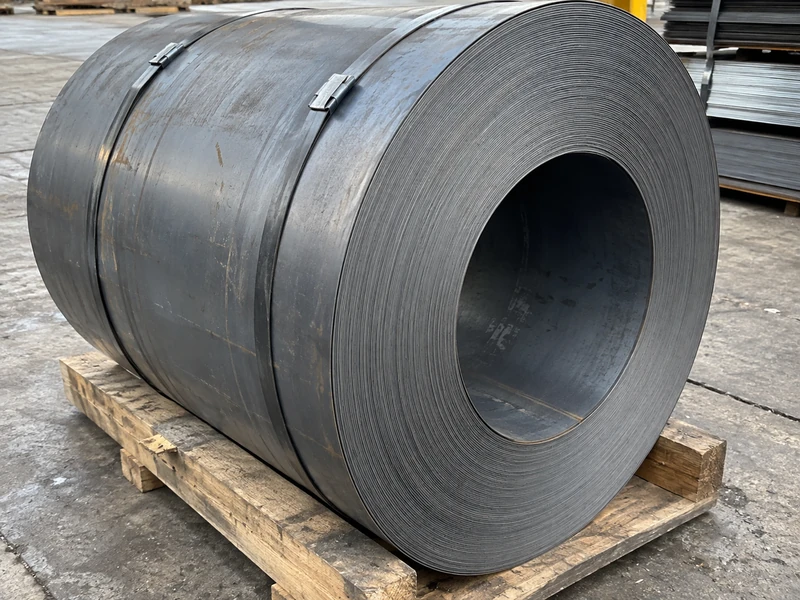 Carbon steel coil with the cut edge to the camera, the wraps tight and even.