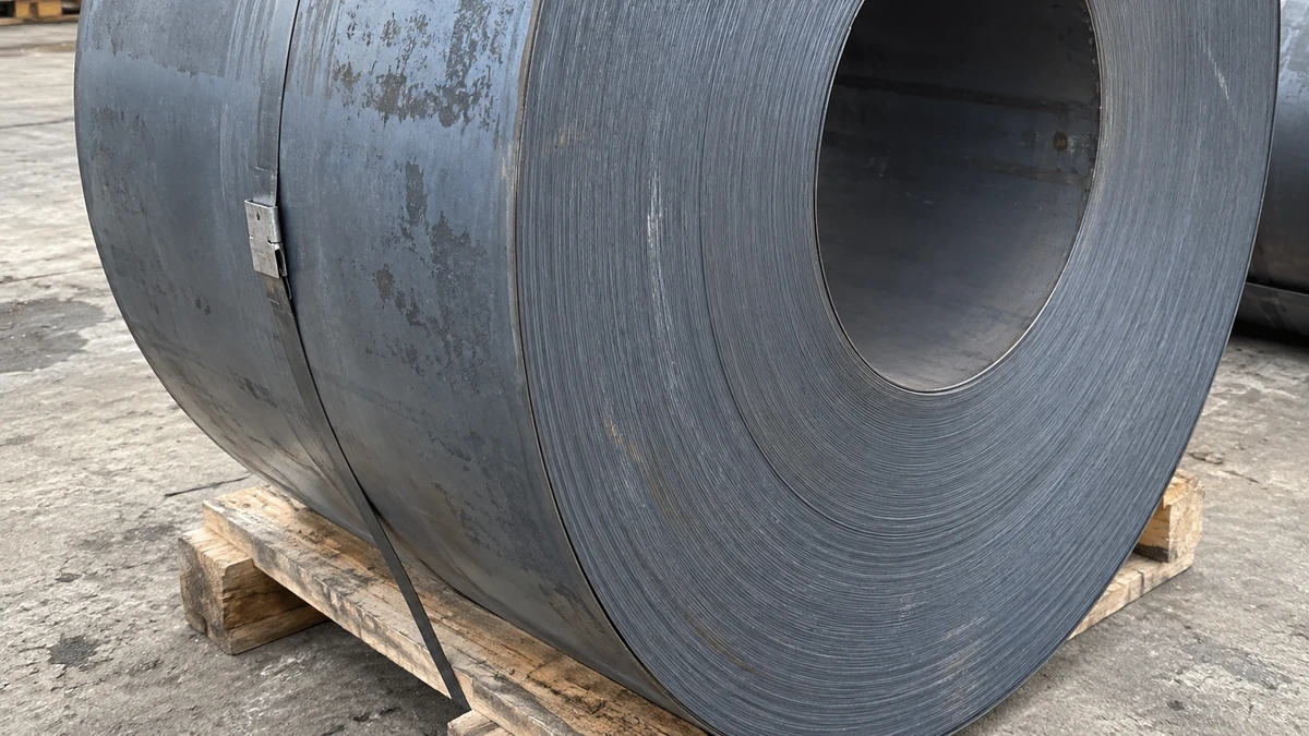 Hot rolled carbon steel coil on a pallet, the dark blue-grey mill scale surface turned to the camera.
