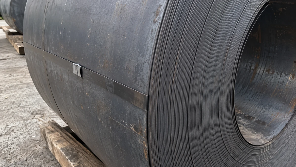 Hot rolled carbon steel coil, the mill scale surface dark and matte across the coil face.