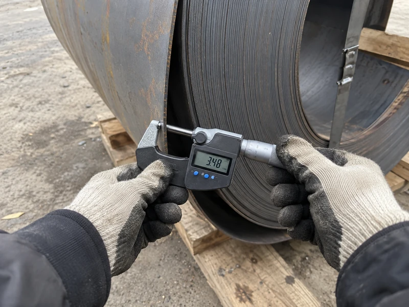 A hot rolled coil being measured for thickness before shipment, the reading visible.