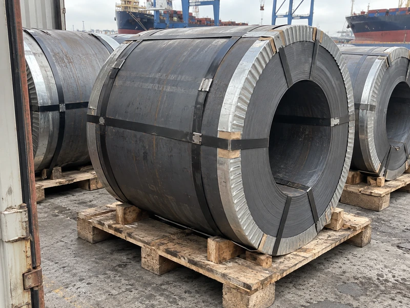 Hot rolled coils secured with steel strapping and edge protectors, ready for the port.