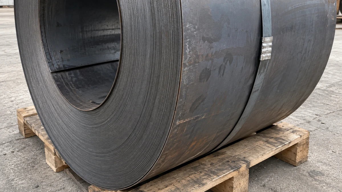 Q235B hot rolled carbon steel coil on a pallet, the mill scale surface dark across the face.