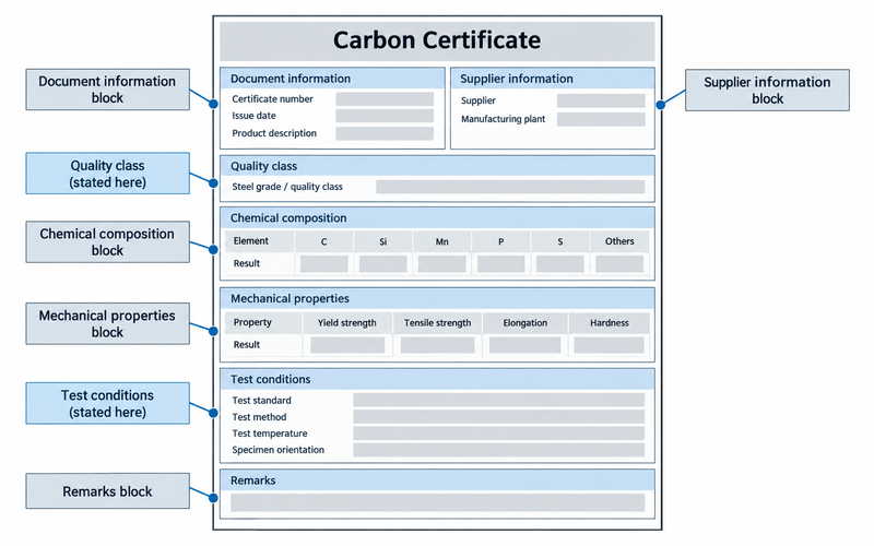 A labelled layout of a carbon certificate marking where the quality class and the test conditions are stated.