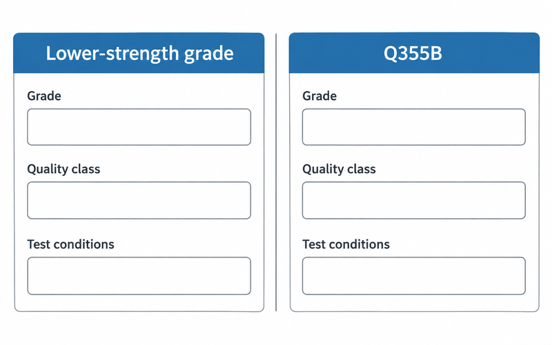 Two ordering routes side by side, a lower-strength grade against Q355B, with the fields that change: grade, quality class and test conditions.