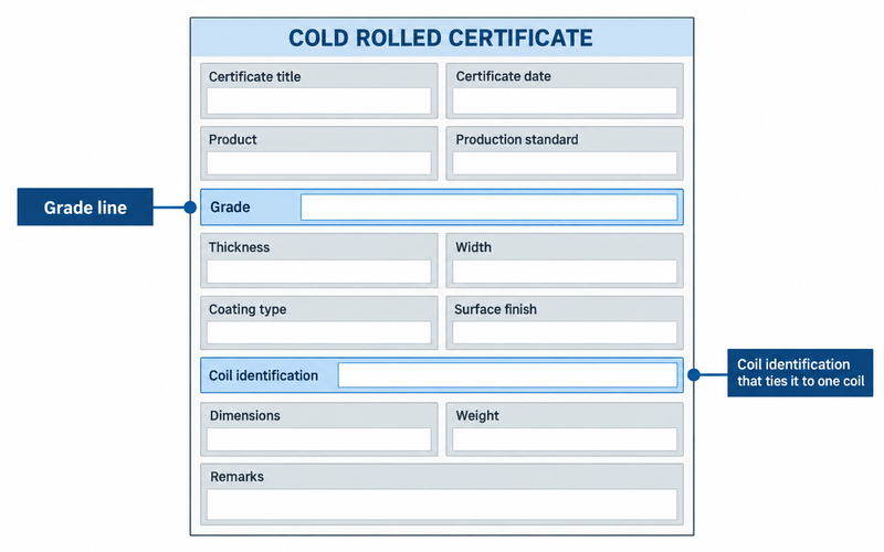 A labelled layout of a cold rolled certificate marking the grade line and the coil identification that ties it to one coil.