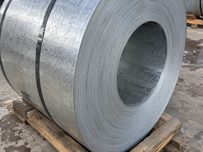 Close-up of a galvanized coil face, the zinc coating even across the wraps.