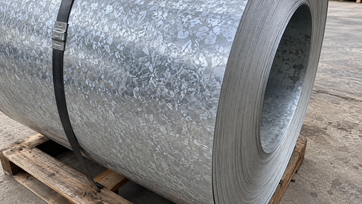 Hot-dip galvanized coil on a pallet, the zinc surface bright and spangled.