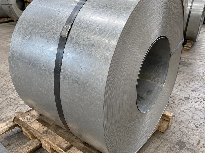 Close-up of a DX51D+Z coil face, the zinc coating unbroken over the wraps.