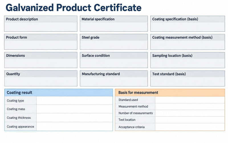 A labelled layout of a galvanized certificate marking the coating result and the basis it was measured on.