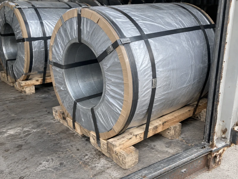 SGCC coils wrapped and strapped on pallets with edge protectors in place, ready for loading.