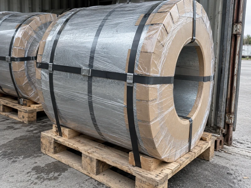 Electro-galvanized coils packed face-protected on pallets, wrapped and strapped for a paint line.