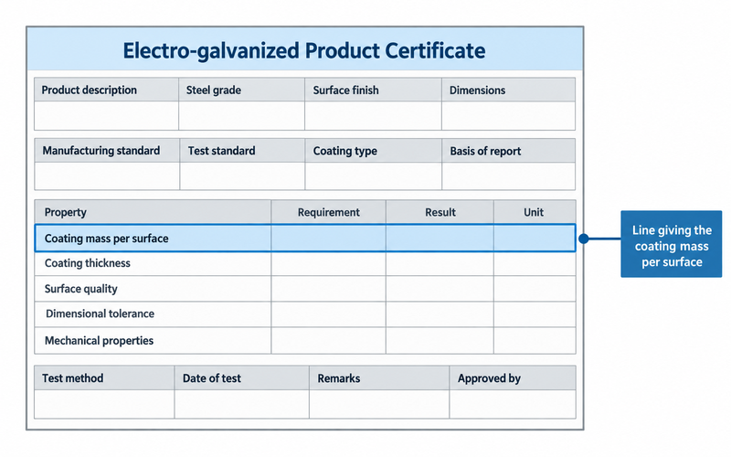 A labelled layout of an electro-galvanized certificate marking the line that gives the coating mass per surface.