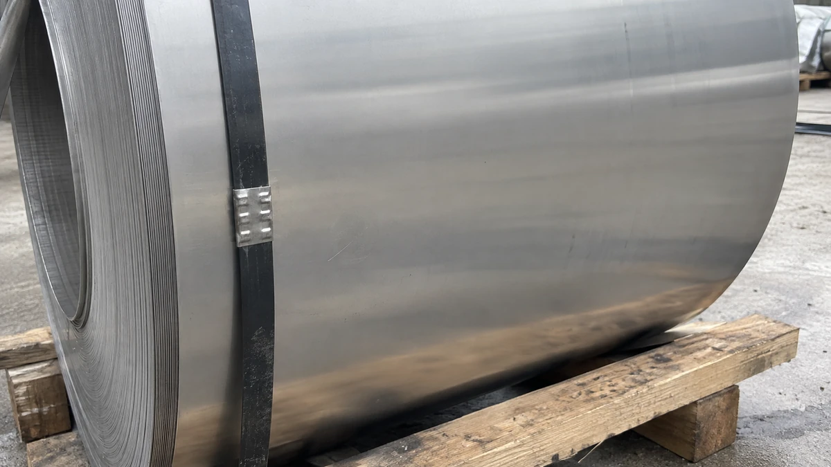 Cold rolled stainless steel coil on a pallet, the 2B face turned to the camera.