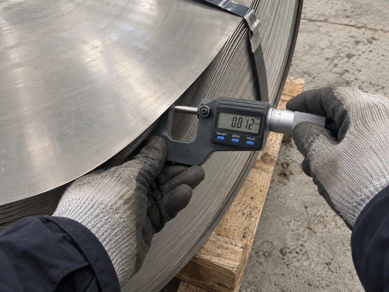 A stainless coil being measured for thickness before shipment, the instrument reading visible.