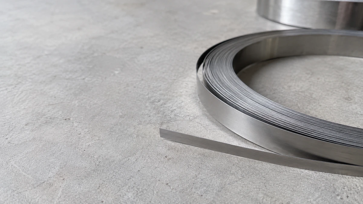 Representative stainless steel strip with its narrow width and cut edge visible.