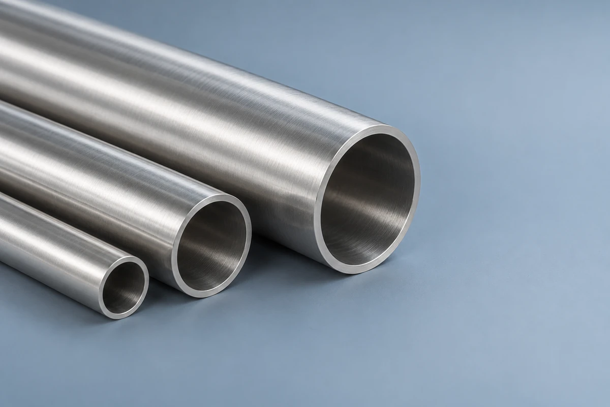 Representative industrial stainless steel round pipes showing open ends.